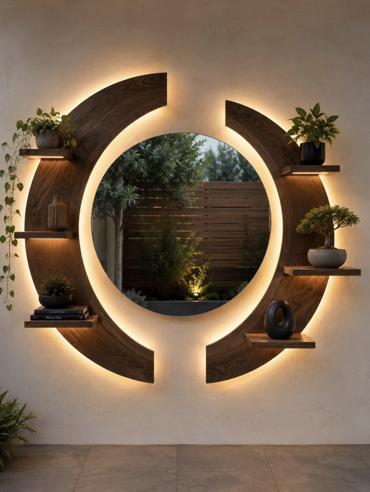 A decorative round wooden wall shelf feature with warm backlighting, display shelves, plants, and a cozy modern wall design.