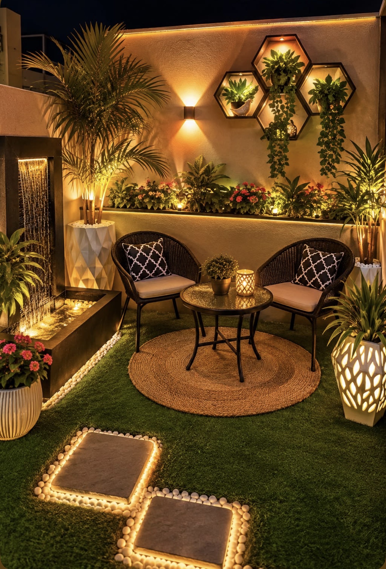 A small outdoor balcony corner with warm wall lights, plants, compact chairs, a small table, a water feature, and glowing pathway lights.
