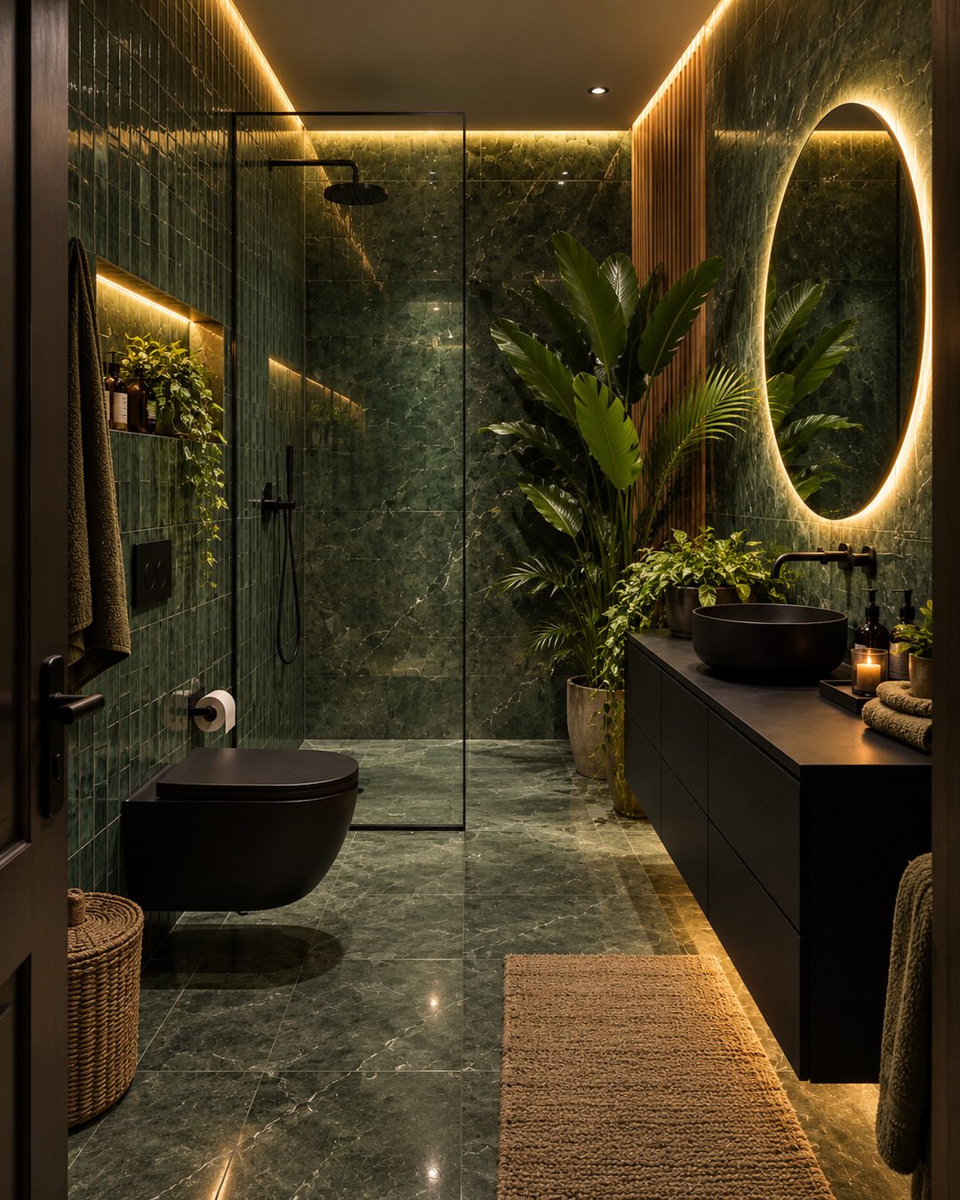 A small luxury bathroom with dark green tile, warm LED lighting, a round backlit mirror, black vanity, glass shower, and indoor plants.